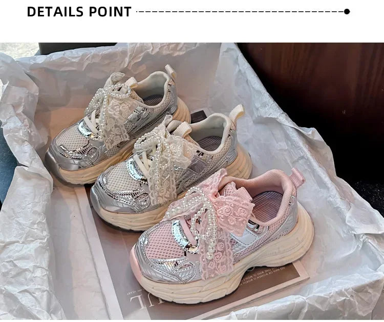 Girls Running Shoes with Sweet Mesh Bow Kids Sports Shoes Breathable New Fashion Children Sneakers Princess Style Cute