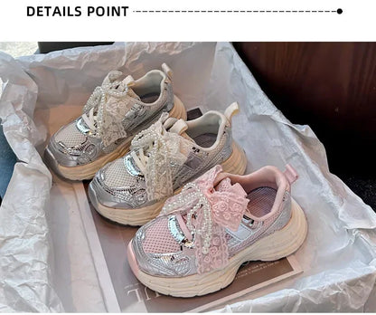 Girls Running Shoes with Sweet Mesh Bow Kids Sports Shoes Breathable New Fashion Children Sneakers Princess Style Cute