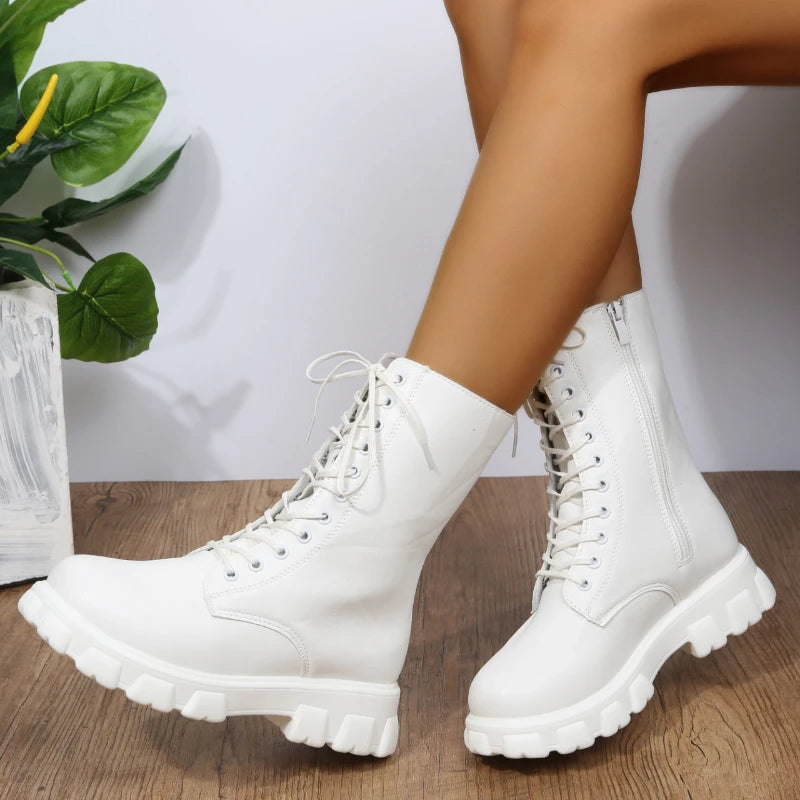 Boots Women Autumn Winter PU Leather White Ankle Boots Motorcycle Botines Female Chunky Heels Platform Boots Botas Mujer