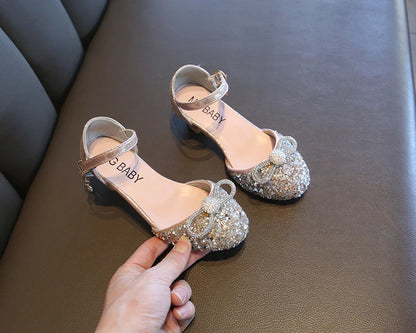 Girls High Heels for Kids Party Wedding Evening Dress Shoes Fashion Bow Diamond Crystal Shoes Princess Stockings Girl Sandals