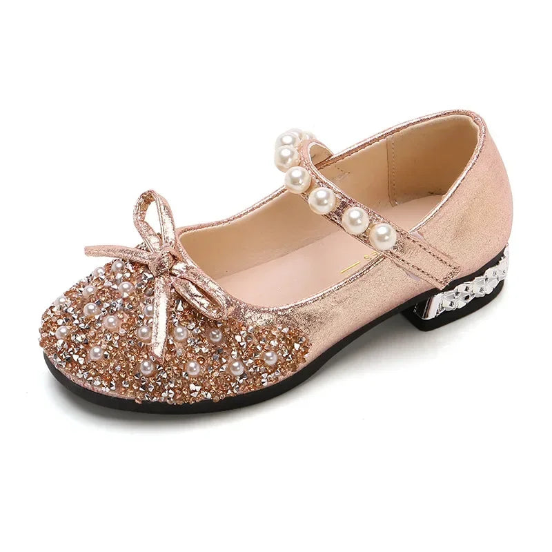 Children's Wedding Shoes Princess Party Girls' Shoes Mary Jane Flats Elastic Shoes Baby Fashion Pearl Diamond Kids Dance Shoes