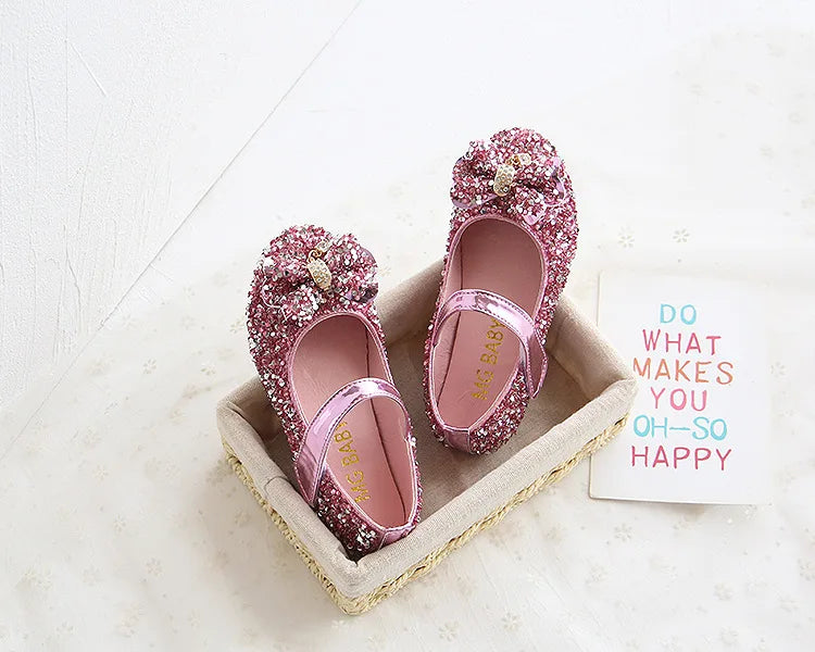 Party Dresses for Girl Spring Fashion Glitter Girl Shoe Water Diamond Princess Shoe Soft Sole Kid Shoes Bow Kid Leather Shoe