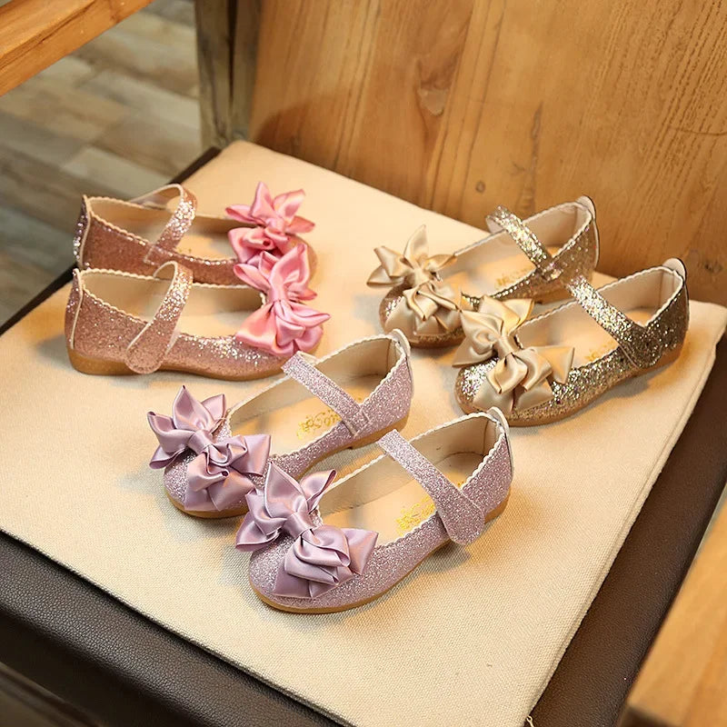 Glitter with Bow-knot Princess Sweet Bling Dress Shoes for Dance Party Girls Leather Shoes for Toddlers Kids Big Children Flats