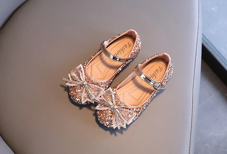 Girl's Princess Shoes Crystal Sequins Bowtie Party Glitter Children Mary Janes Three Colors Wedding Shallow Chic Kids Shoe 26-36