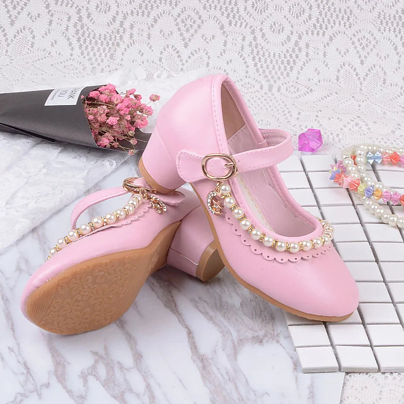 New Princess Kids High Heels Shoes Girls Wedding Dress Party Leather Shoes Children's White Shoes Performance Shoes for Students
