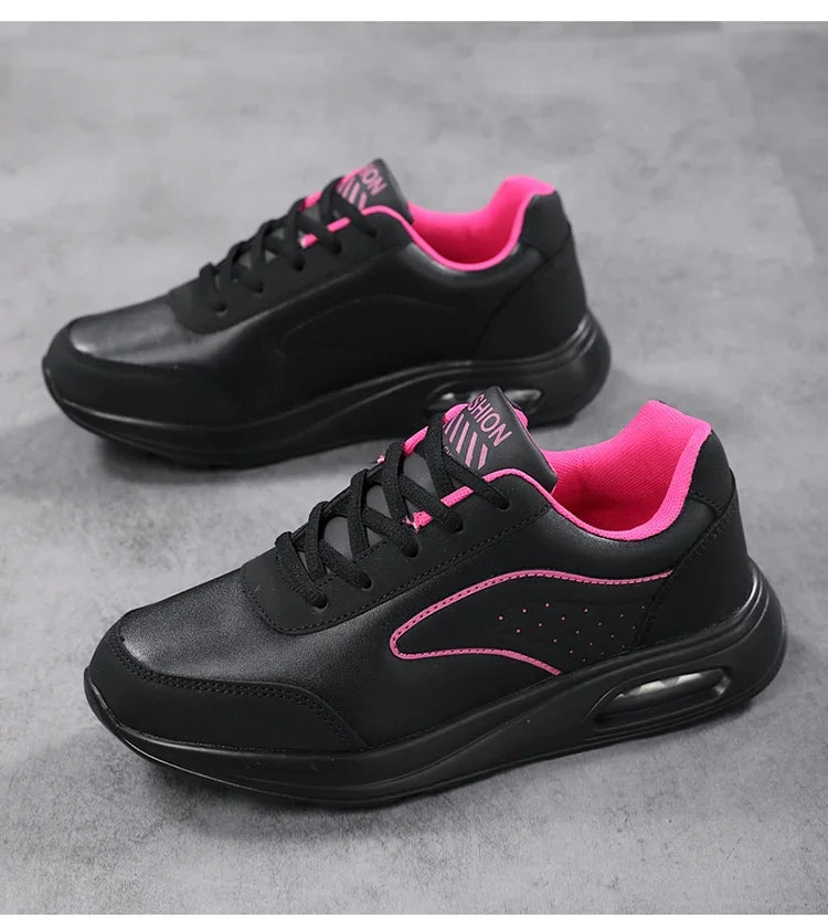 New Women's Fashionable Sneakers Leather Women's Casual Shoes Lace Up Flat Shoes Ladies Lightweight Fitness Walking Shoes