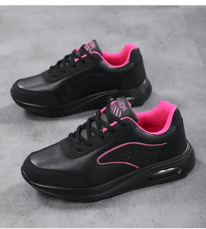 New Women's Fashionable Sneakers Leather Women's Casual Shoes Lace Up Flat Shoes Ladies Lightweight Fitness Walking Shoes