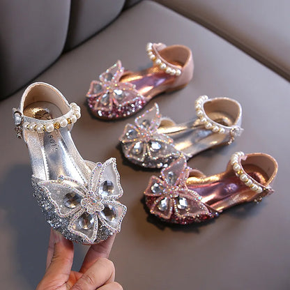 New Children's Party Wedding Children Shoes Sequin Lace Bow Kids Shoes Cute Pearl Princess Dance Single Casual Girls Shoe