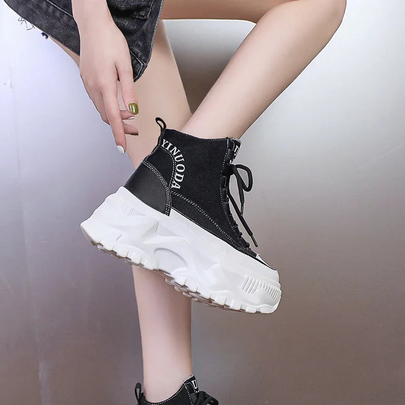 Women Sneakers High Top Platform Breathable Leather Shoes Autumn Ladies Wedges Casual Shoes For Woman Sports Dad Shoes 8CM