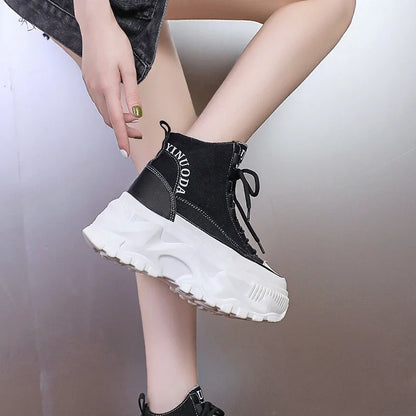 Women Sneakers High Top Platform Breathable Leather Shoes Autumn Ladies Wedges Casual Shoes For Woman Sports Dad Shoes 8CM