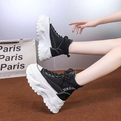 Women Sneakers High Top Platform Breathable Leather Shoes Autumn Ladies Wedges Casual Shoes For Woman Sports Dad Shoes 8CM