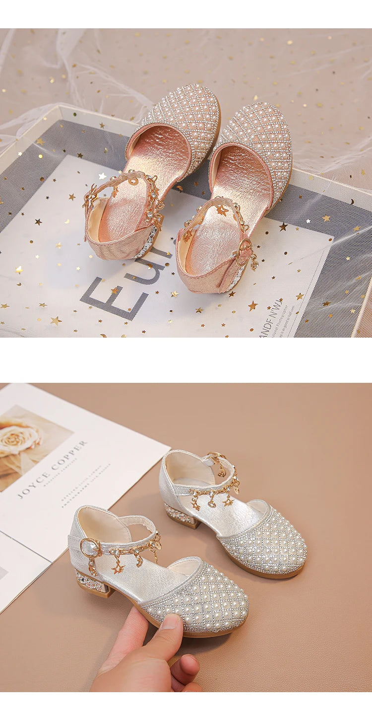 Girls Dress Shoes for Wedding Party Glitter Rhinestone with Pendants Shiny Glitter Fashion Princess Kids Leather Shoes High Heel