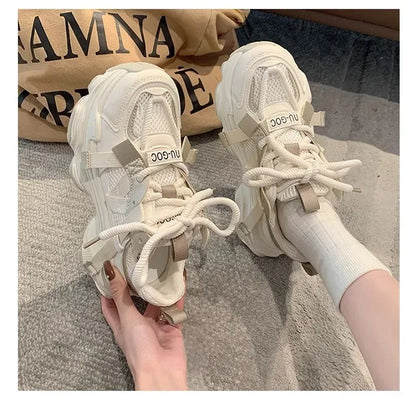 Women's Chunky Sneakers  Breathable Mesh Platform Sports Shoes Woman Fashion Lace Up Thick Sole Casual Shoes Mujer 2024
