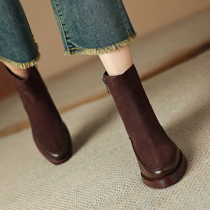 New Women's Short Boots Genuine Leather Retro Chunky Heel High Heel Boots Female Large Size Pointed Toe Women Ankle Boots