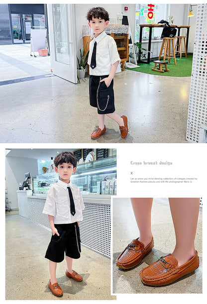 Children's Leather Shoe Boys Moccasins Non-slip Britain Style Round-toe Flat Shoes 2025 Autumn Fashion Casual Kids Loafers