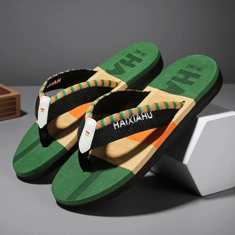 Men Slides Cloth Tape Woven Color Matching Stripe Wear-resistant Slippers (Available)