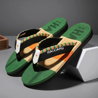 Men Slides Cloth Tape Woven Color Matching Stripe Wear-resistant Slippers (Available)