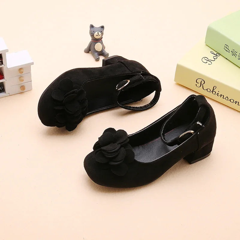 Girl's High Heel Shoes Spring Autumn Kids Leather Shoe Fashion Sweet Flower Children Princess Shoes for Wedding Party Versatile