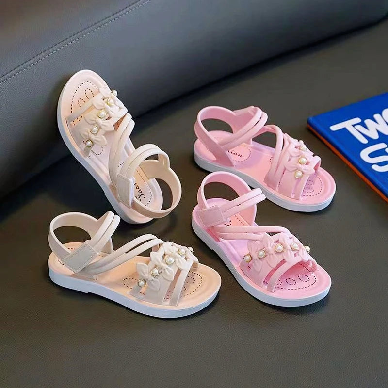 Chic Toddler Girls' Flower Adorned Open Toe Sandals - Comfy, Non-Slip Sole with Easy Hook and Loop Closure for Casual Wear