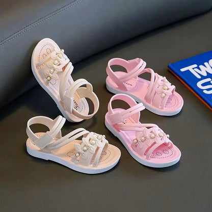 Chic Toddler Girls' Flower Adorned Open Toe Sandals - Comfy, Non-Slip Sole with Easy Hook and Loop Closure for Casual Wear