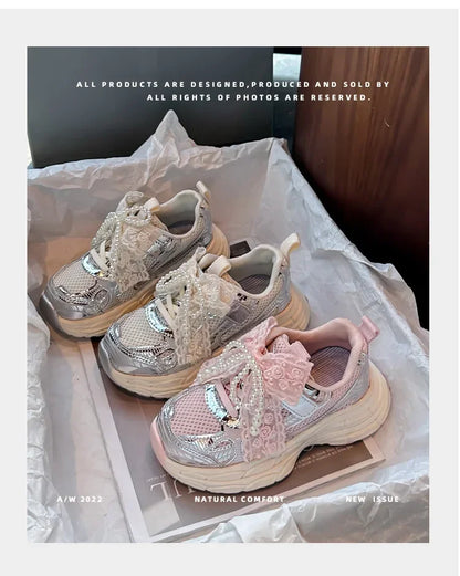 Girls Running Shoes with Sweet Mesh Bow Kids Sports Shoes Breathable New Fashion Children Sneakers Princess Style Cute