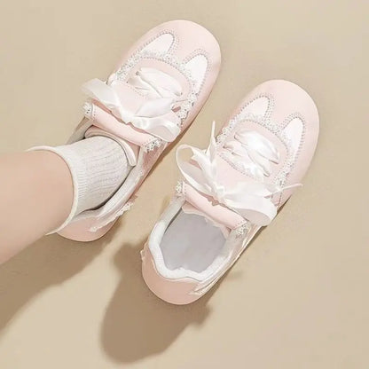 Girly Dopamine Pink Sneakers 2025 Fall New Women's Lightweight Ballet Flats Round Toe Lace Detail White Casual Walking Shoes