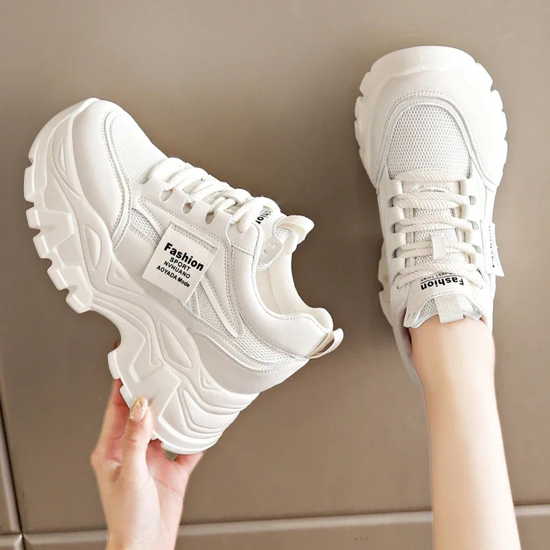 Women's White Platform Sneakers 2025 Spring Lace Up Thick Bottom Vulcanized Shoes Woman Breathable Non Slip Sports Shoes Ladies