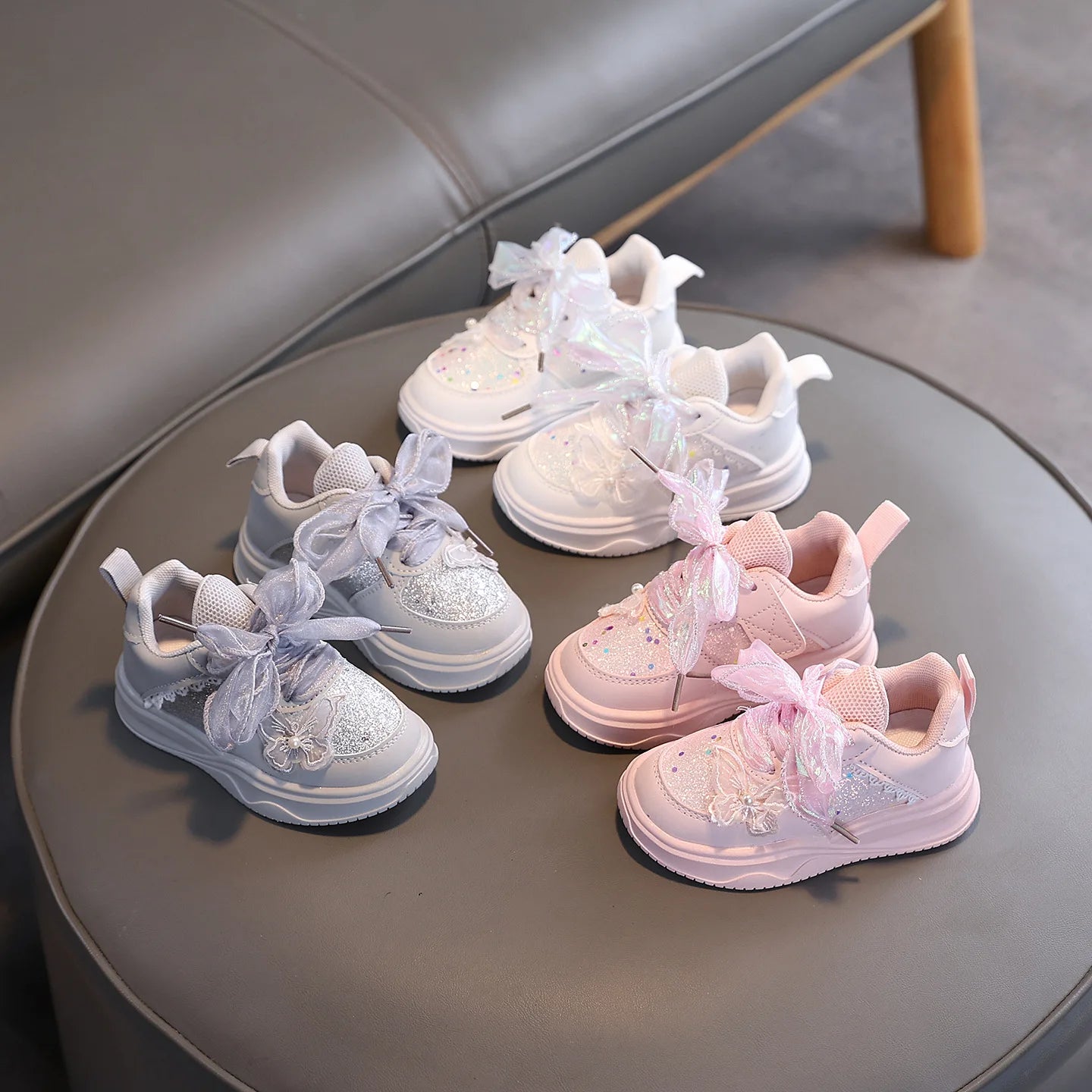 Baby Girl's Casual Sneakers for Spring Fall Shiny Sequins & Bow Ribbon Decor Sports Shoes Kids Skate Shoes