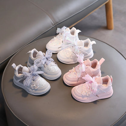 Baby Girl's Casual Sneakers for Spring Fall Shiny Sequins & Bow Ribbon Decor Sports Shoes Kids Skate Shoes