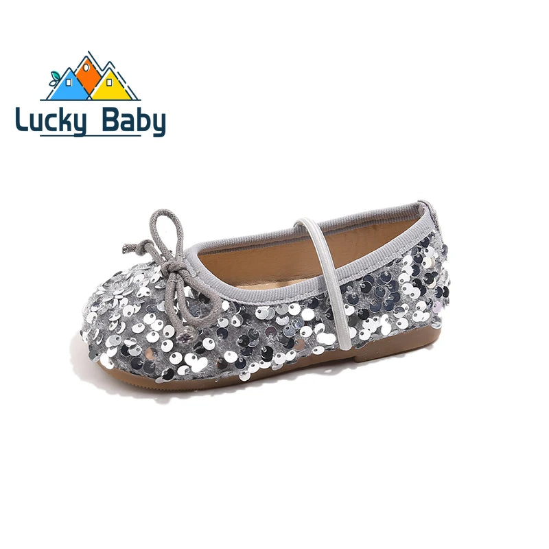 Girls Shoes Kids Glitter Leather Shoes for Wedding Stage Party Sequins Bling Shiny with Bow-knot Princess Soft Children's Flats