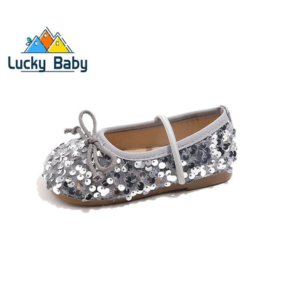 Girls Shoes Kids Glitter Leather Shoes for Wedding Stage Party Sequins Bling Shiny with Bow-knot Princess Soft Children's Flats
