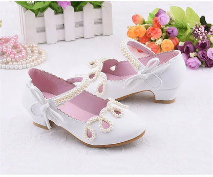 New Princess Kids High Heels Shoes Girls Wedding Dress Party Leather Shoes Children's White Shoes Performance Shoes for Students