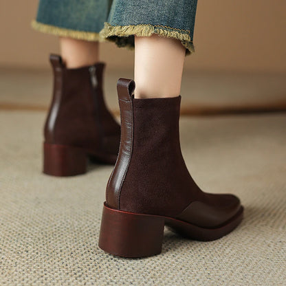 New Women's Short Boots Genuine Leather Retro Chunky Heel High Heel Boots Female Large Size Pointed Toe Women Ankle Boots
