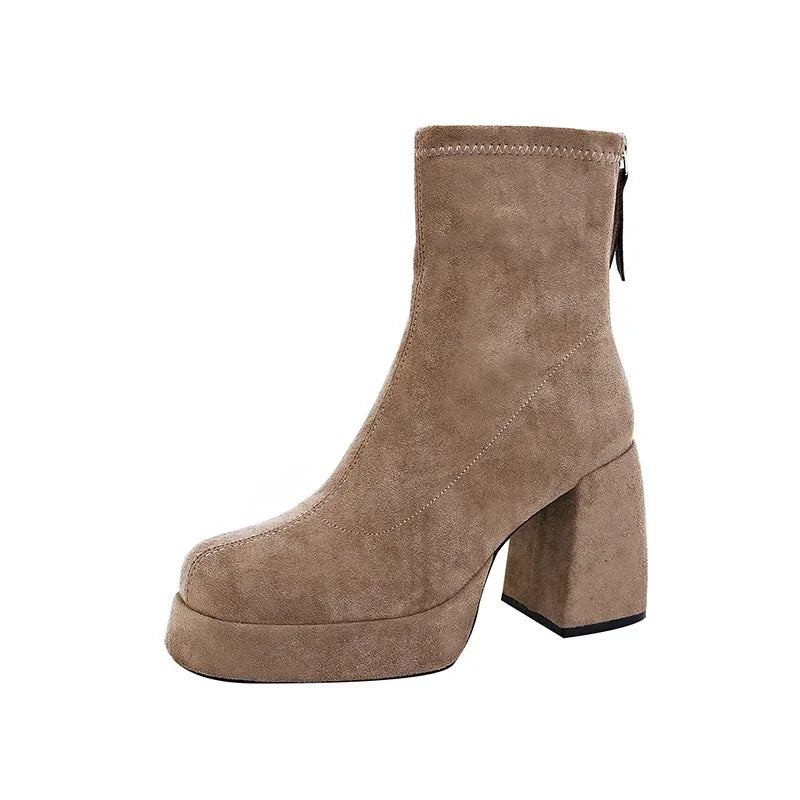 Women's Fashion High-heeled Boots Winter New British Style Soft Sole Anti-slippery Catwalk Versatile Keep Warm Leather Shoe