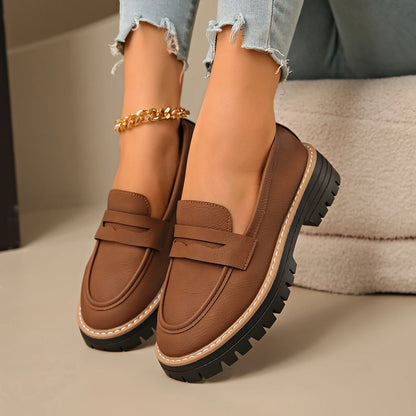 New Black/Brown Solid Color Thick-Soled Loafers Women's Platform Slip-On Shoes Retro Versatile Small Leather Shoes for Commuting