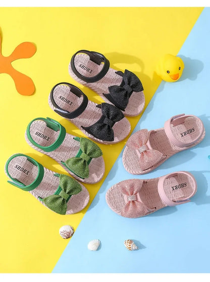 Kids Shoes Summer Girls Sandals Bow Non-slip Soft Soled Versatile Solid Korean Children Sweet Princess Shoes Beach Sandals