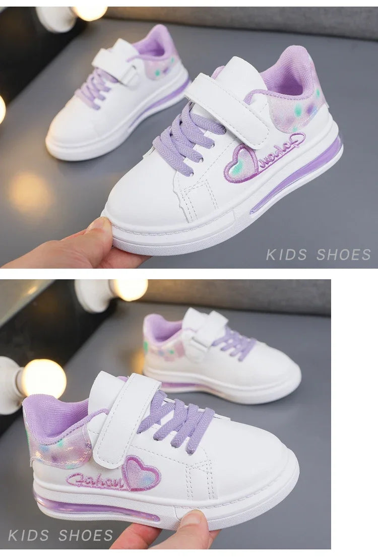 Children's Sneakers 2024 New Girls Love Embroidery Casual Shoes Fashion Leather Kids School Running Sports Shoes Soft Hook Loop