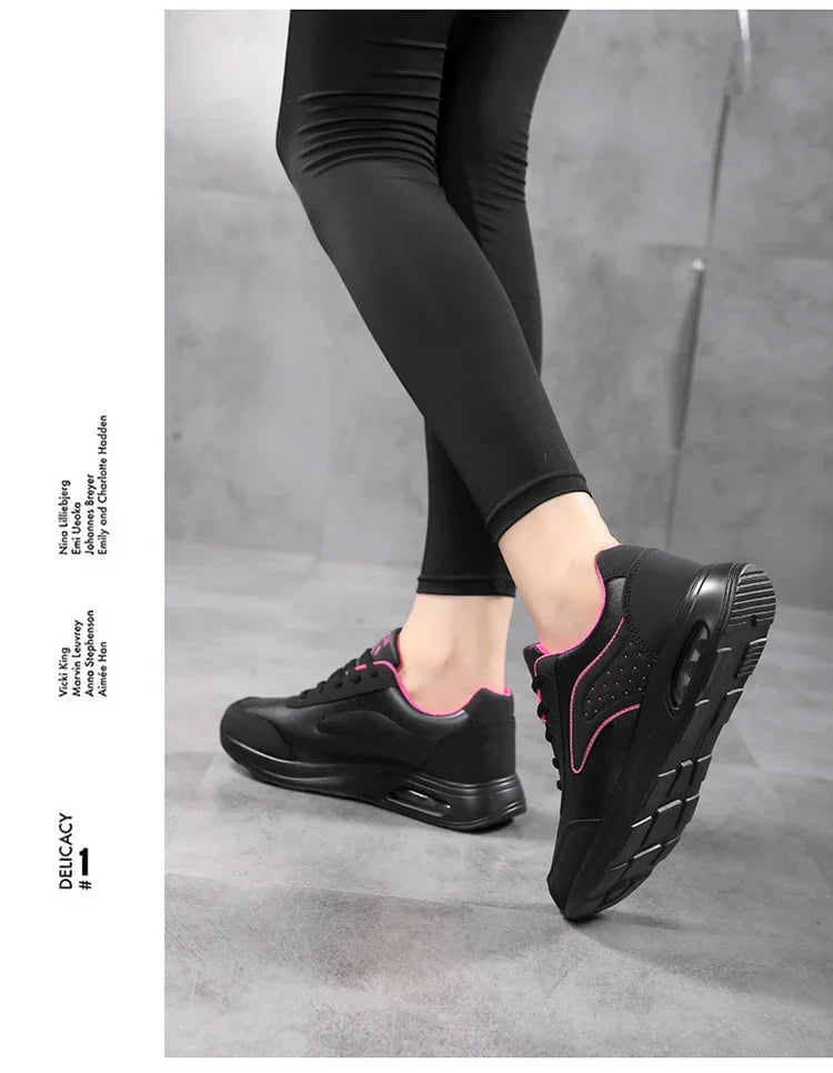 New Women's Fashionable Sneakers Leather Women's Casual Shoes Lace Up Flat Shoes Ladies Lightweight Fitness Walking Shoes