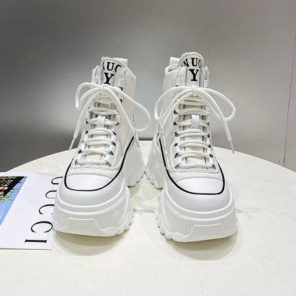 Women Sneakers High Top Platform Breathable Leather Shoes Autumn Ladies Wedges Casual Shoes For Woman Sports Dad Shoes 8CM