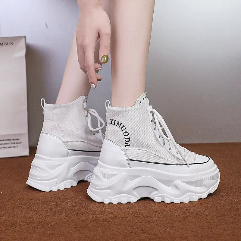 Women Sneakers High Top Platform Breathable Leather Shoes Autumn Ladies Wedges Casual Shoes For Woman Sports Dad Shoes 8CM