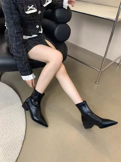 Women Pointed Ankle Boots Mid Heels Pointed Leather Sexy Chelsea Boots Trend Design Winter New Pumps Designer Short Botas Mujer