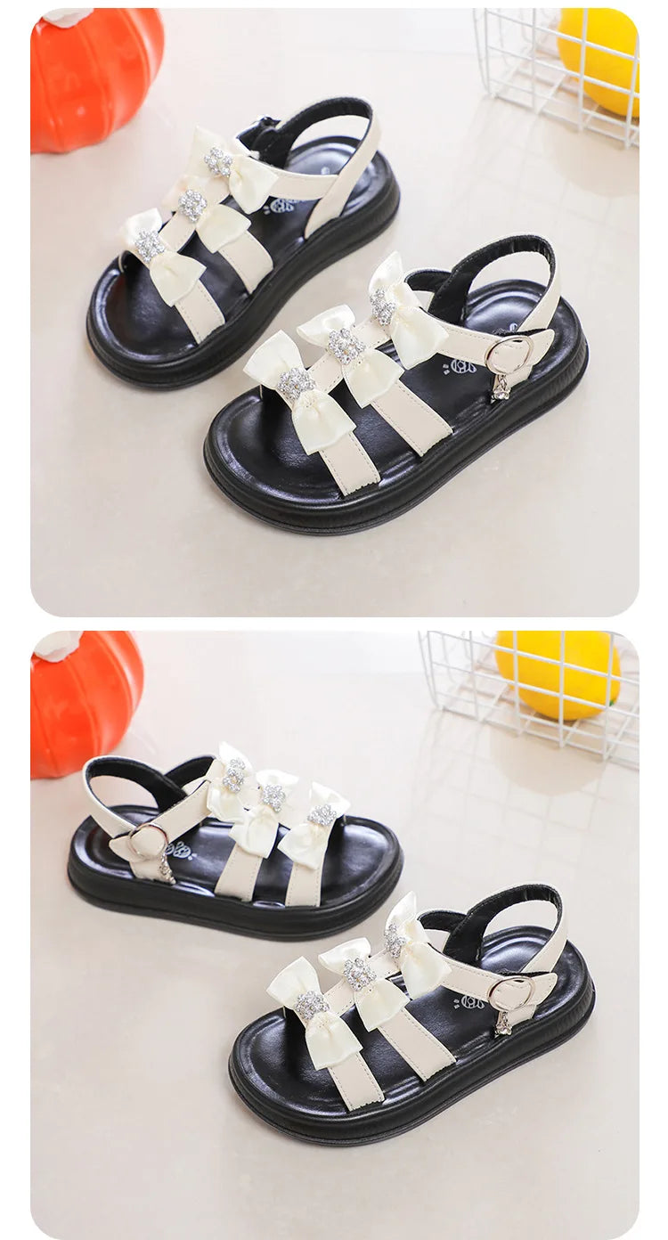 Girls Sandals with Sweet Bows Soft Sole Kids Beach Shoes Versatile 2025 Summer New Children Princess Shoes Casual Non-slip Cute