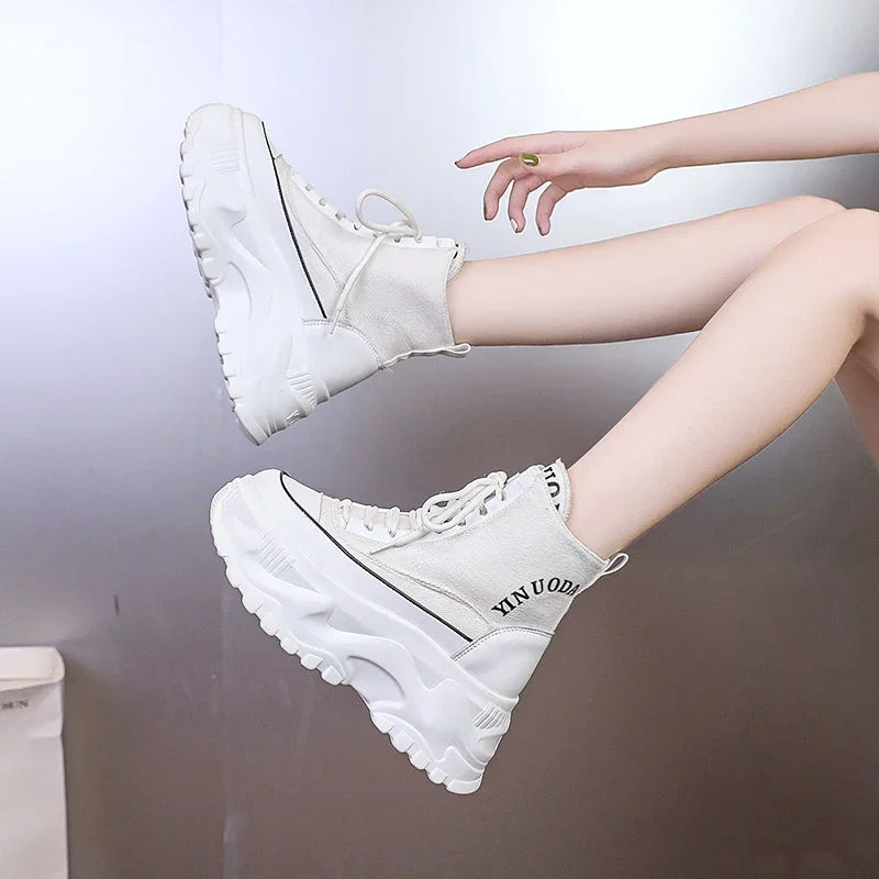Women Sneakers High Top Platform Breathable Leather Shoes Autumn Ladies Wedges Casual Shoes For Woman Sports Dad Shoes 8CM