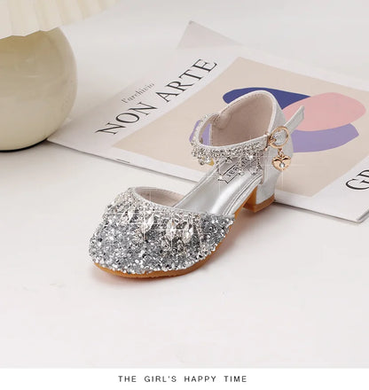 Girls' high-heeled princess shoes model catwalk show silver children's dress shoes shiny stage crystal sandals