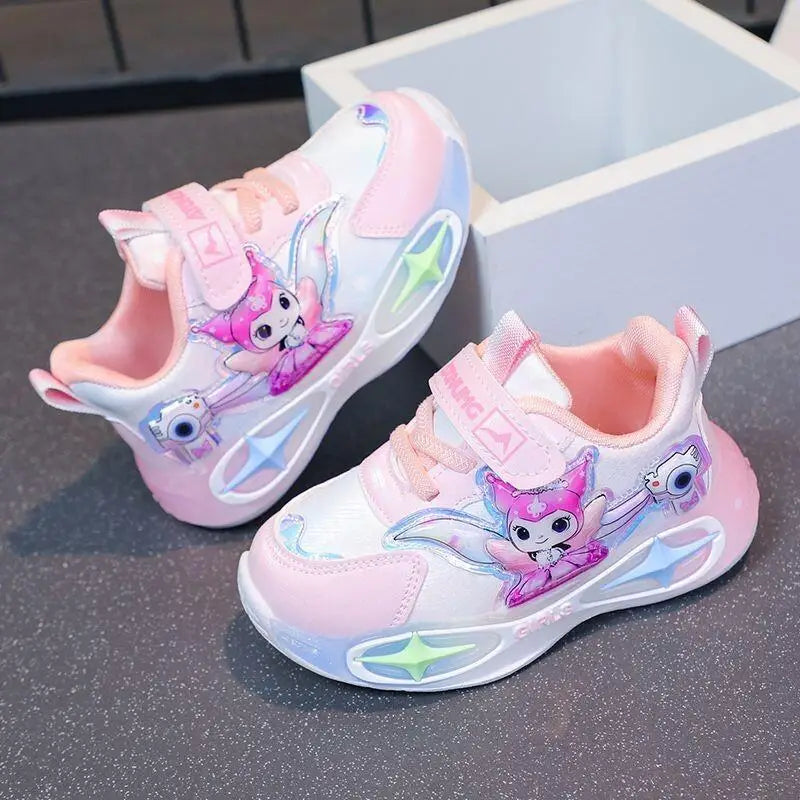 Sanrio Kuromi Girls Light Up Sneakers New Waterproof Leather Princess Running Casual Sports Shoes with Cotton Lined for Kids