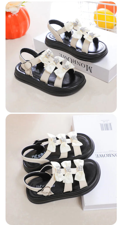 Girls Sandals with Sweet Bows Soft Sole Kids Beach Shoes Versatile 2025 Summer New Children Princess Shoes Casual Non-slip Cute
