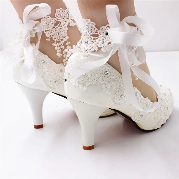 New Shoes Woman Bride Elegant White Lace Pearl Design High Heels Women's High Heels Bride Wedding Shoes Ladies