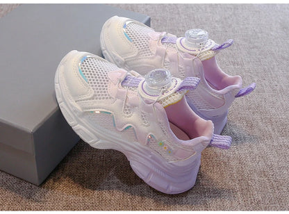 Girls Sneakers with Sweet Flowers Children Running Shoes Rotating Button New Kids Sports Shoes Princess Style Comfortable