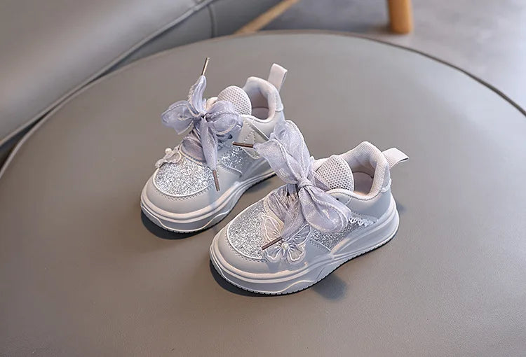 Baby Girl's Casual Sneakers for Spring Fall Shiny Sequins & Bow Ribbon Decor Sports Shoes Kids Skate Shoes