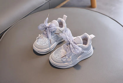 Baby Girl's Casual Sneakers for Spring Fall Shiny Sequins & Bow Ribbon Decor Sports Shoes Kids Skate Shoes